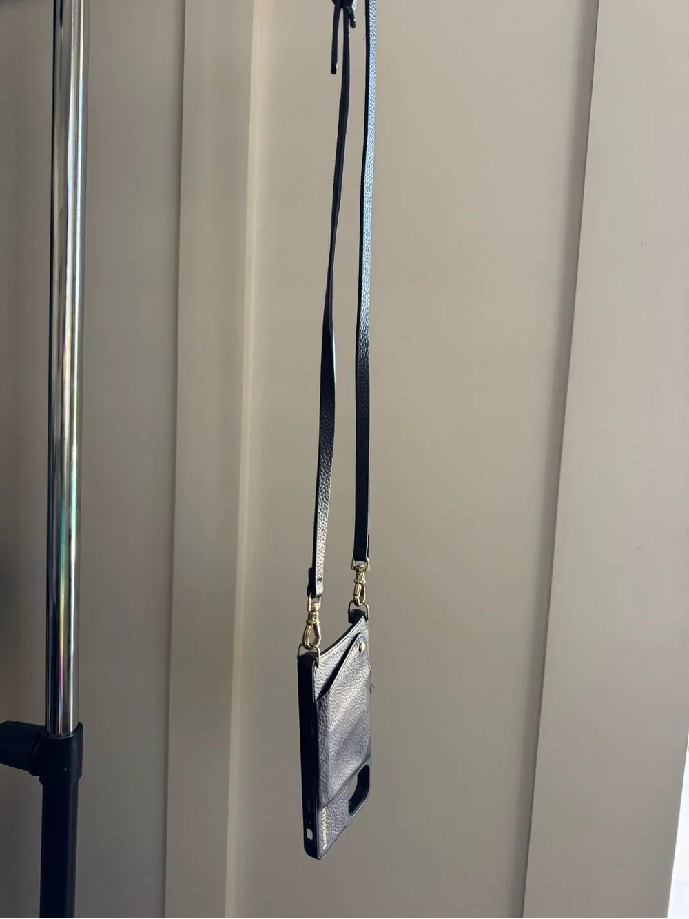 Bandolier Black Pebbled Leather Crossbody Phone Case with Gold Accents